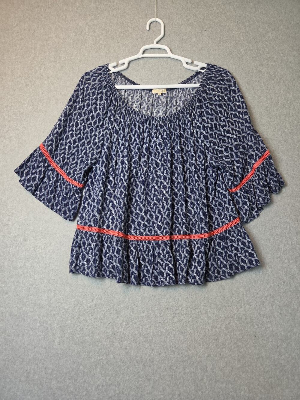 Democracy Blue Geometric Orange Crochet 3/4 Sleeve Peasant Top Women's Plus 1X